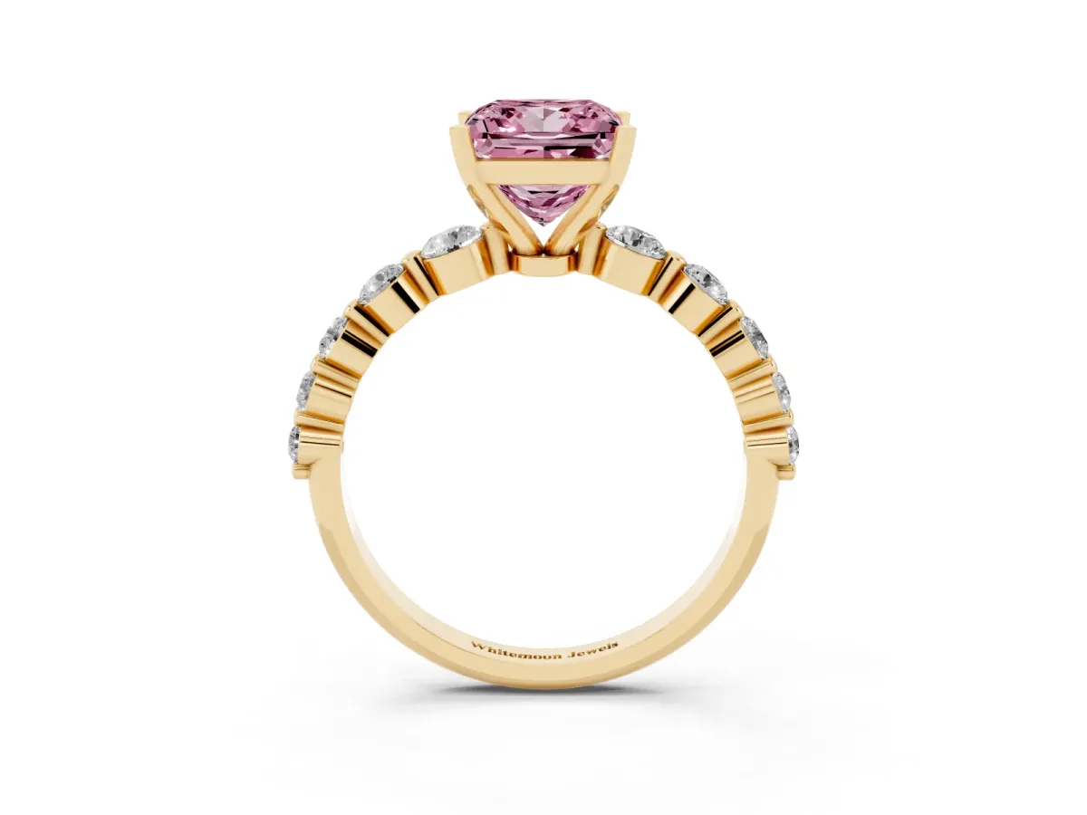 Fancy Pink Princess Cut Solitaire Diamond Ring with Pave Band and Four-Prong Setting Yellow gold