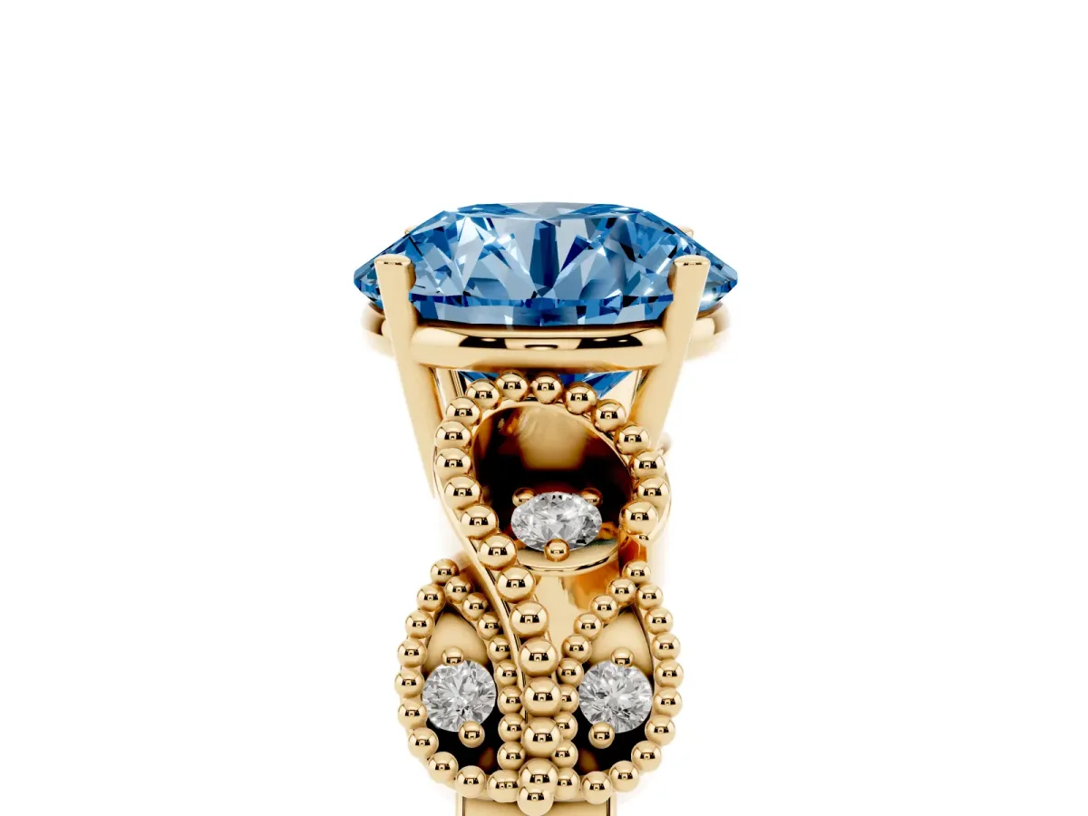 Fancy Blue Round Cut Solitaire Milgrain Leaf Band with Prong Setting Yellow gold
