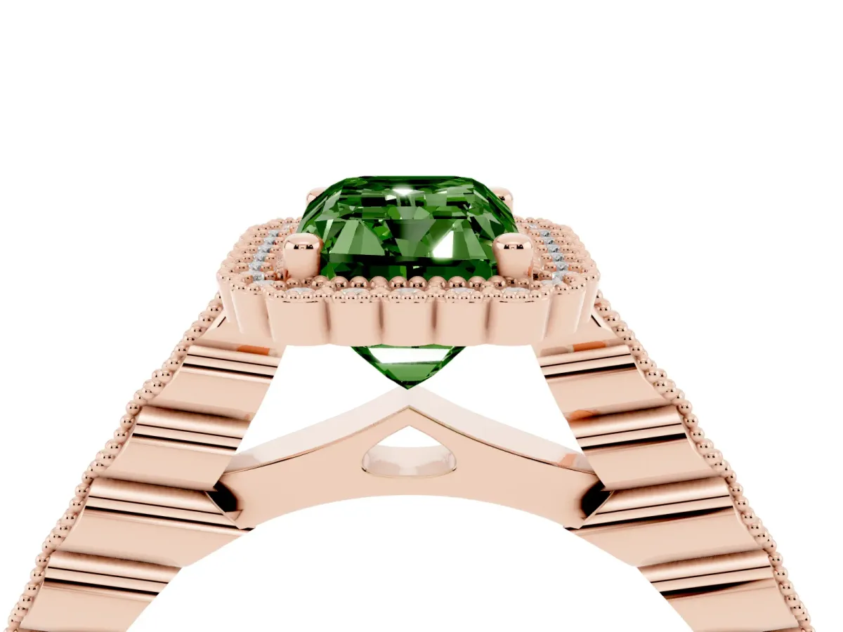 Fancy Green Radiant Cut Cut Halo Pavé Solitaire Ring with Milgrain Band Rose gold