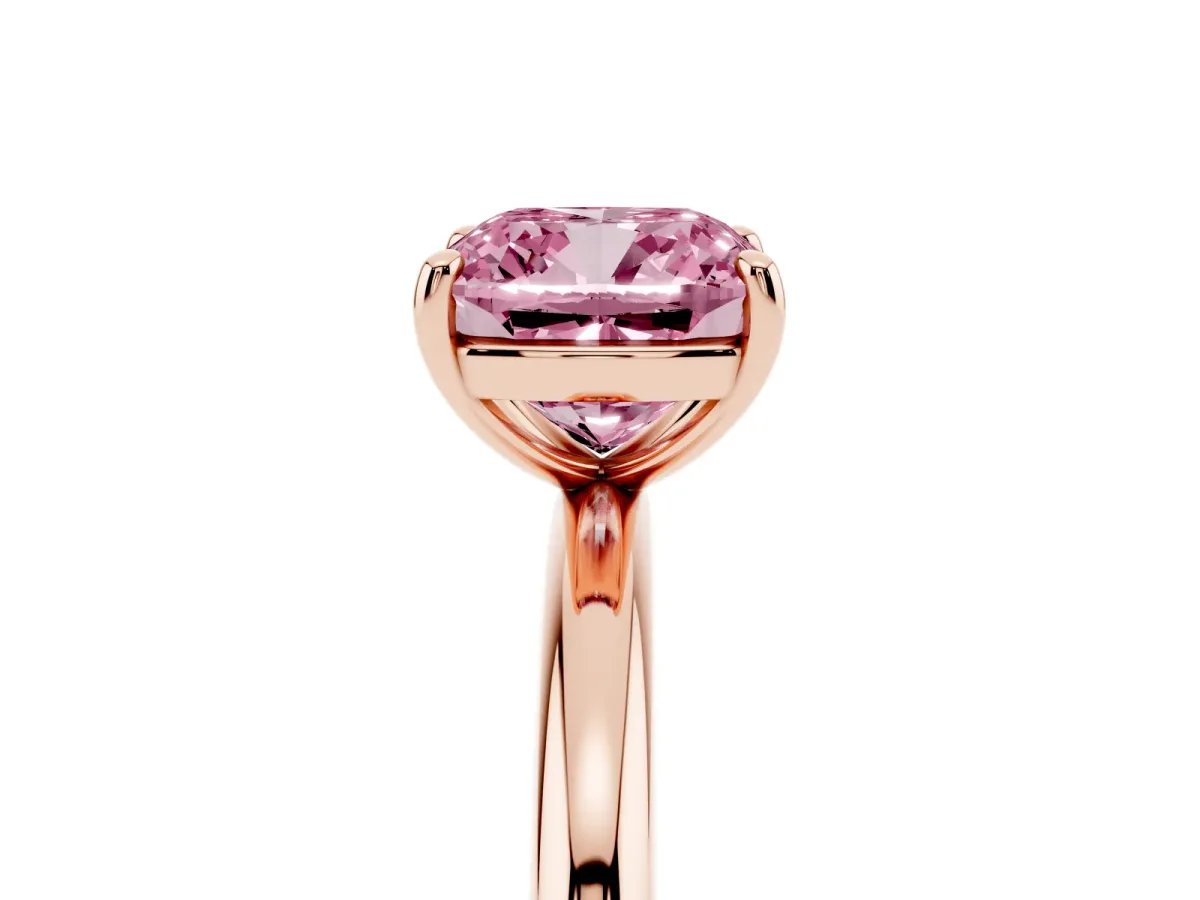 Fancy Pink Cushion Cut Solitaire Diamond Ring with Four-Prong Setting on a Plain Band Rose gold