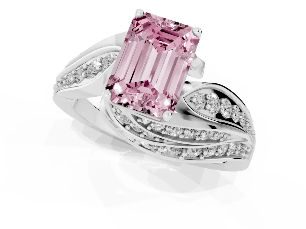 Fancy Pink Emerald Cut Diamond Solitaire Ring with Prong Setting and Twisted Pavé Band Silver