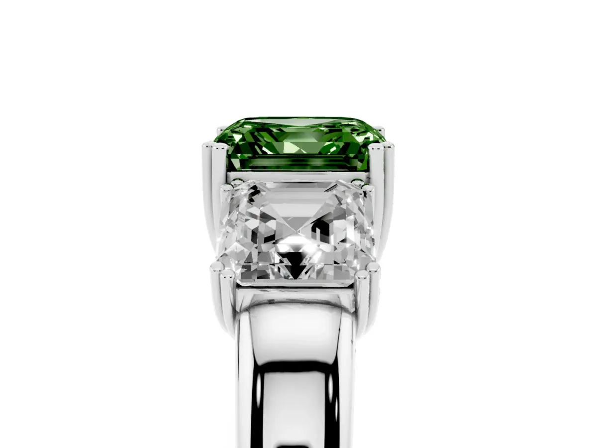 Fancy Green Three-Stone Asscher Cut Cut Diamond Ring with Channel Set Band and Four-Prong Setting Platinum