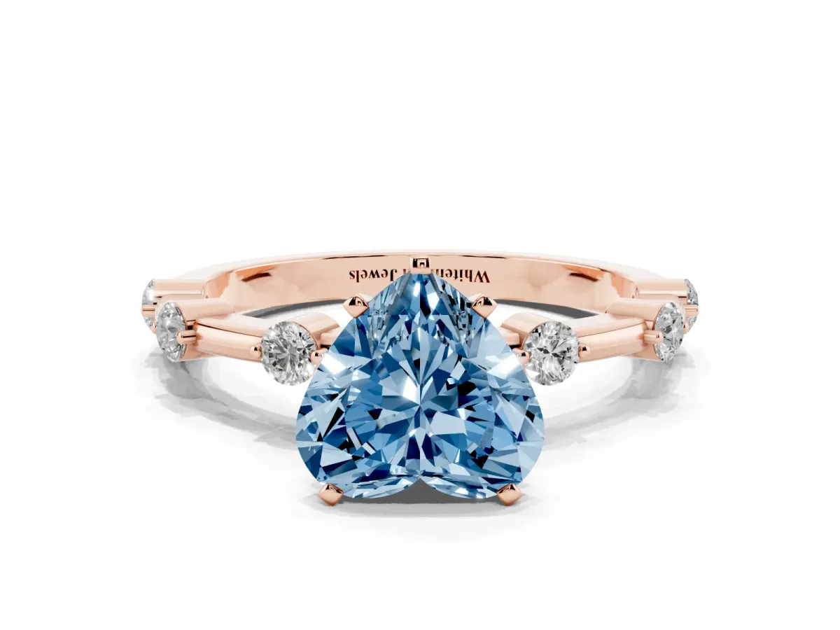 Fancy Blue Heart Cut Solitaire Diamond Ring with Bezel Set Side Stones and Prong Setting Rose gold