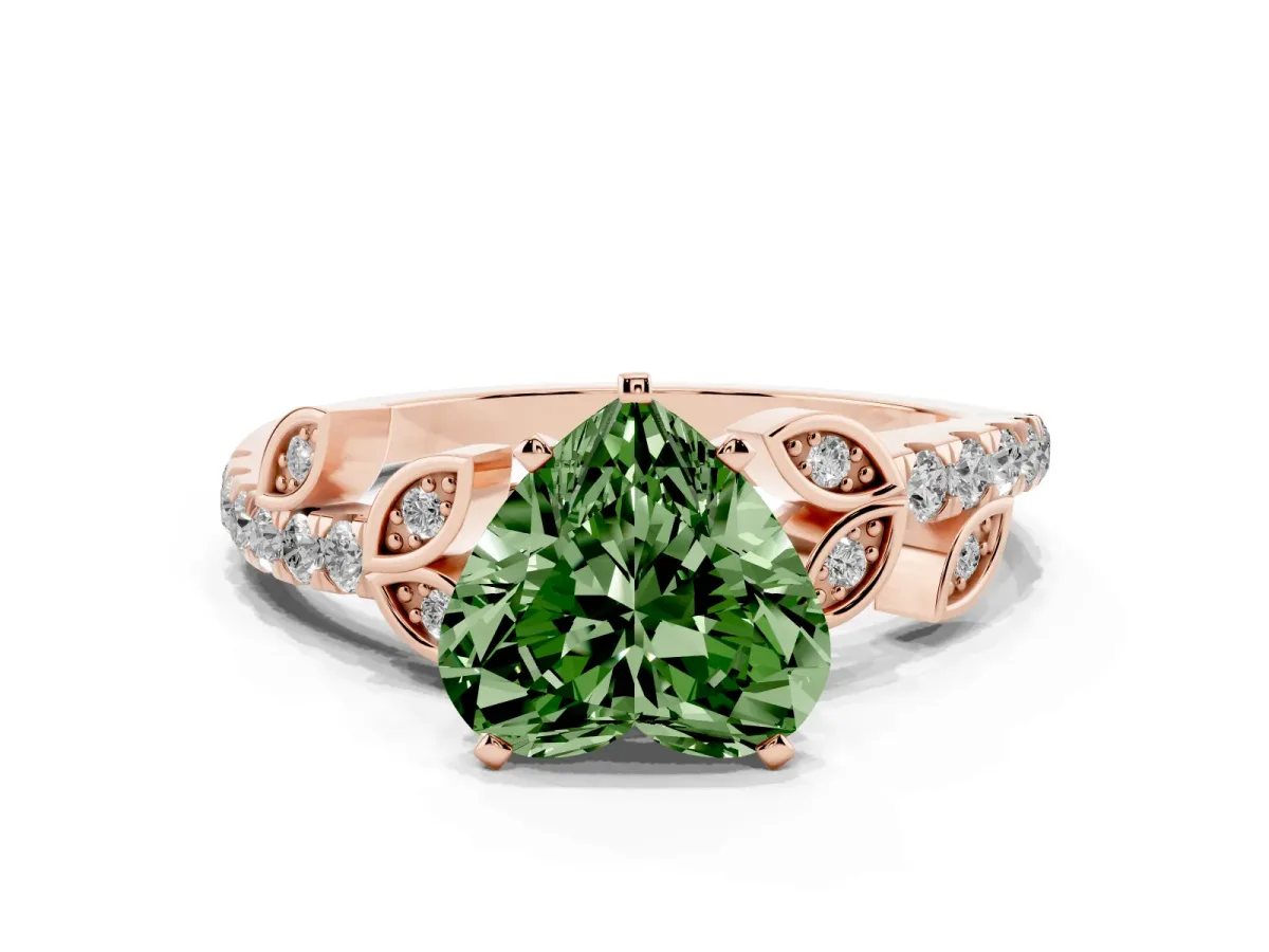Fancy Green Heart Cut Solitaire Leaf-Inspired Diamond Ring with Pavé Band and Four-Prong Setting Rose gold