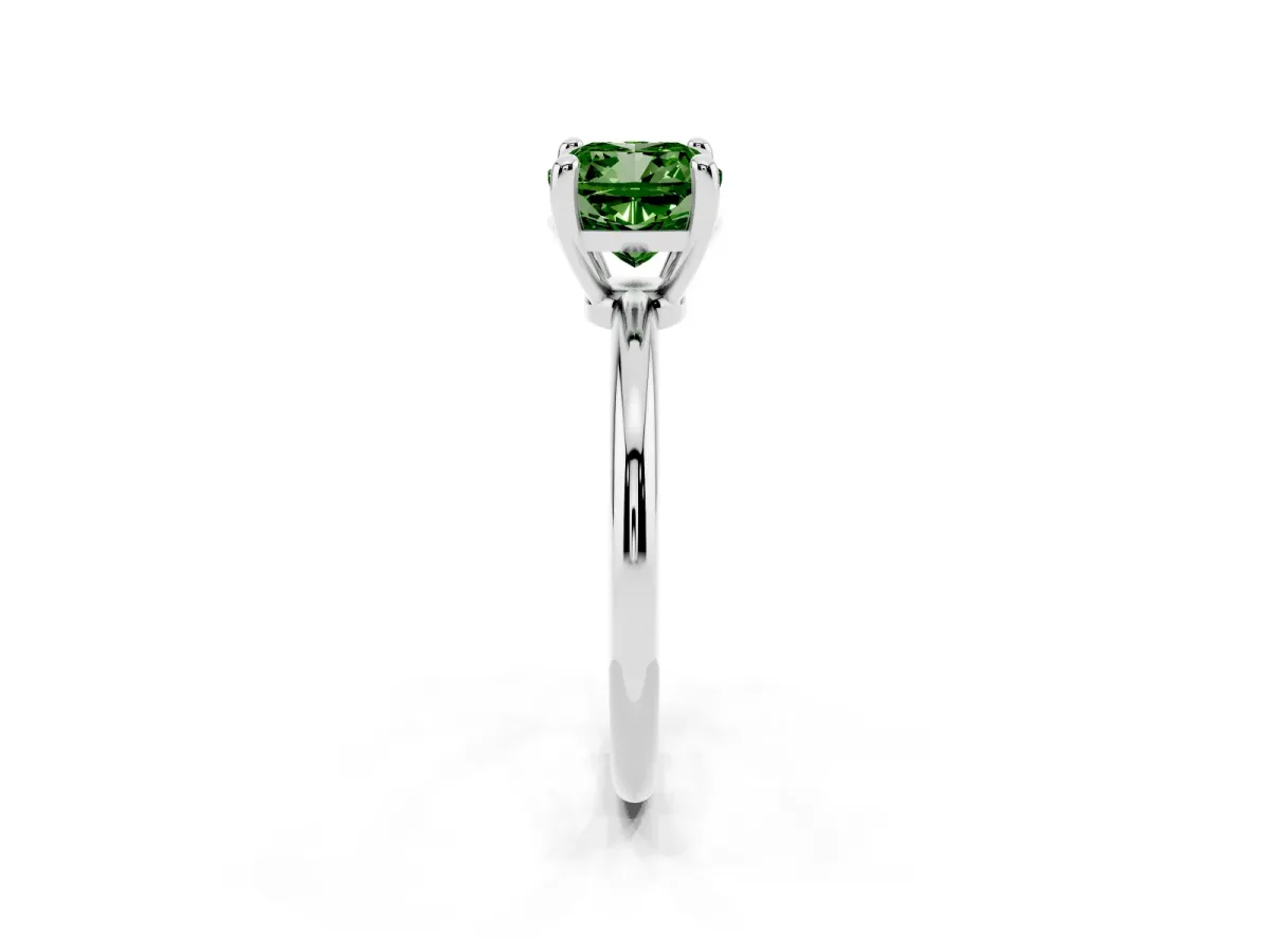 Fancy Green Cushion Cut Solitaire Diamond Ring with 4-Prong Setting on a Classic Band Silver