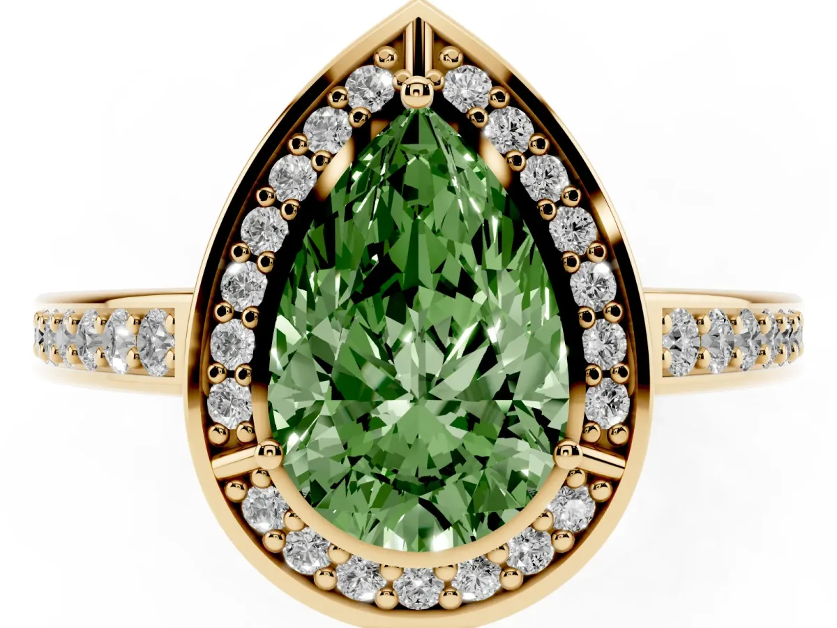 Fancy Green Pear Cut Cut Halo Pave Split Shank Prong Setting Ring Yellow gold