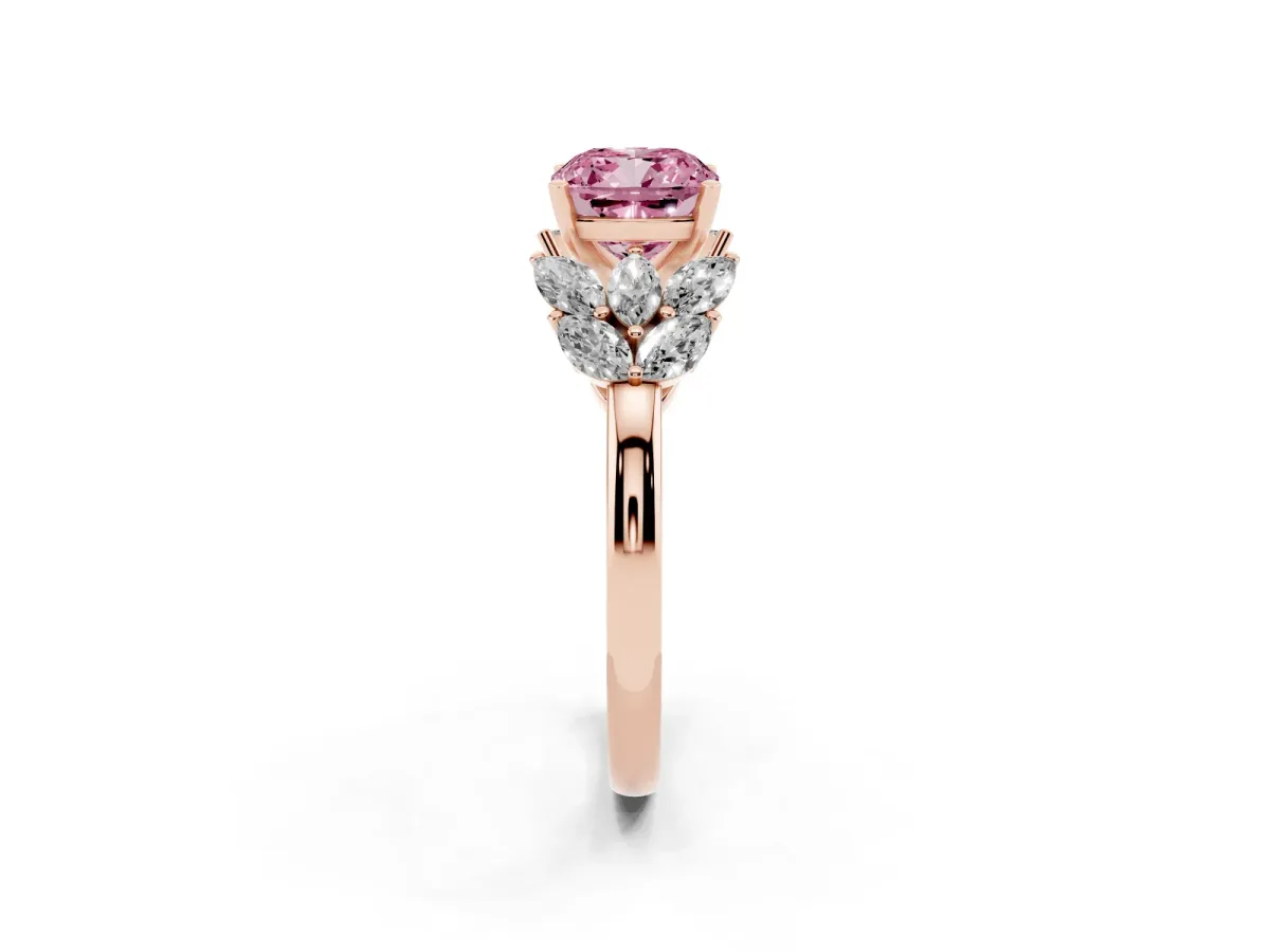 Fancy Pink Cushion Cut Diamond Cluster Leaf Design Ring with Prong Setting Rose gold