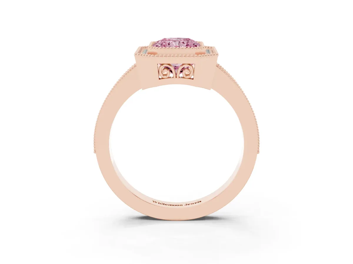 Fancy Pink Radiant Cut Cut Halo Diamond Ring with Pavé Band and Milgrain Prong Setting Rose gold