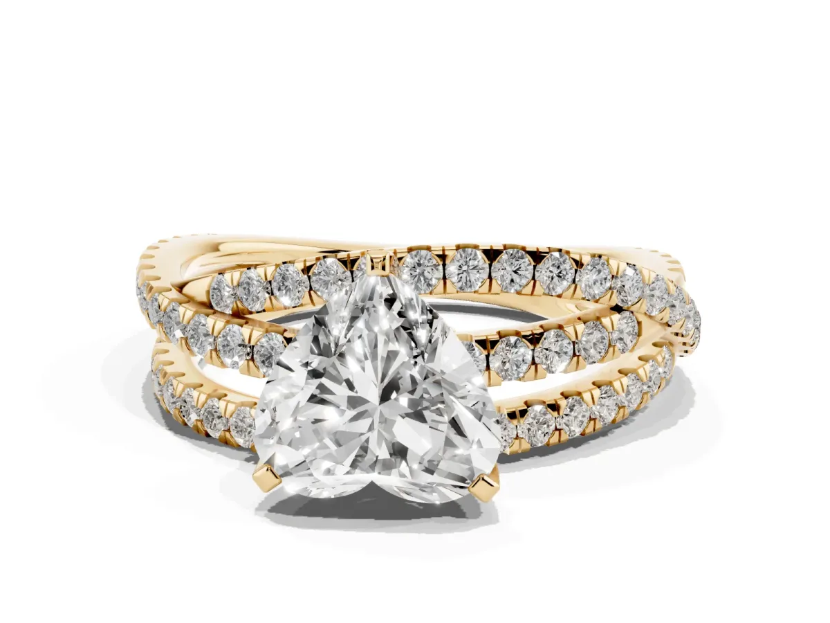 Heart Cut Solitaire Twist Band with Pavé Setting and Four-Prong Setting Yellow gold