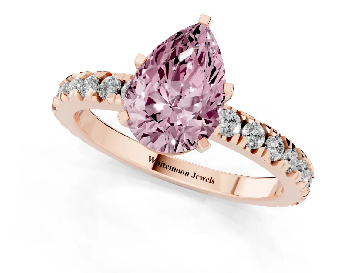 Fancy Pink Pear Cut Diamond Pavé Band Solitaire with Four-Prong Setting Rose gold