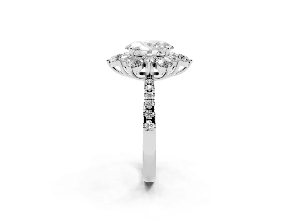 Oval Cut Diamond Floral Halo Ring with Round Pavé Band and Prong Setting White gold