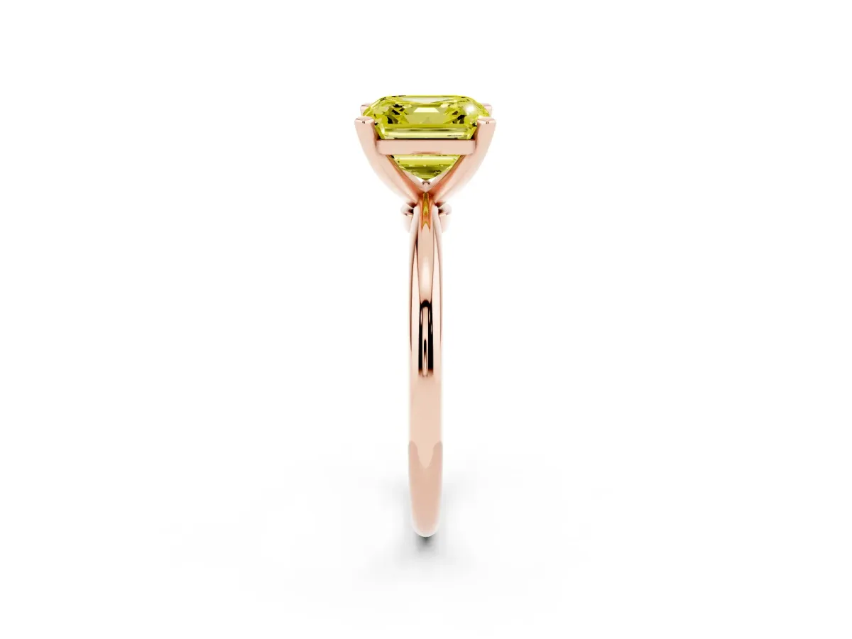 Fancy Yellow Asscher Cut Diamond Solitaire Ring with Prong Setting and Classic Band Rose gold