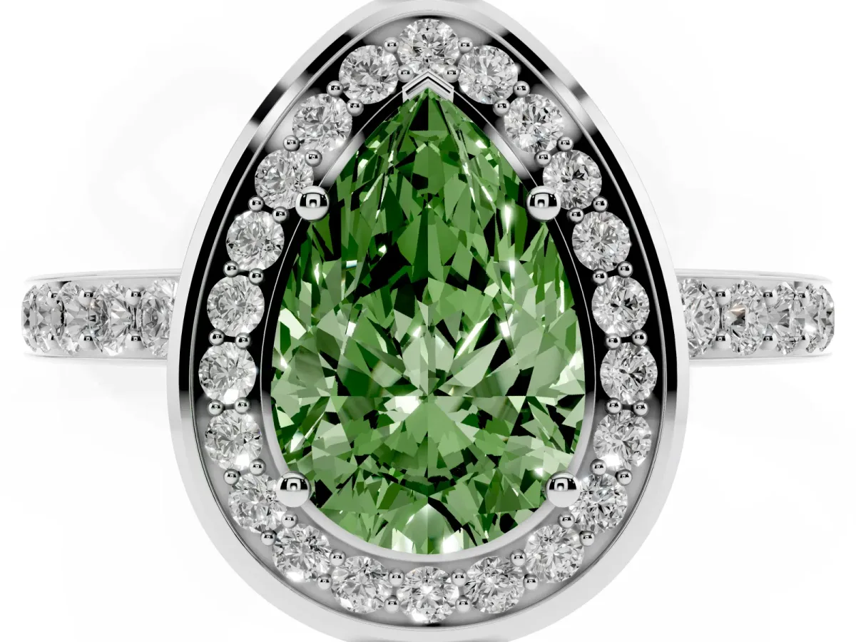 Fancy Green Pear Cut Diamond Halo Ring with Bezel Frame and Pavé Band Silver