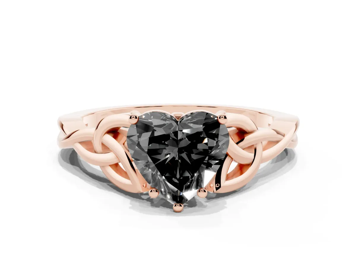 Fancy Black Heart Cut Diamond Solitaire Engagement Ring with Celtic Knot Band and Four-Prong Setting Rose gold
