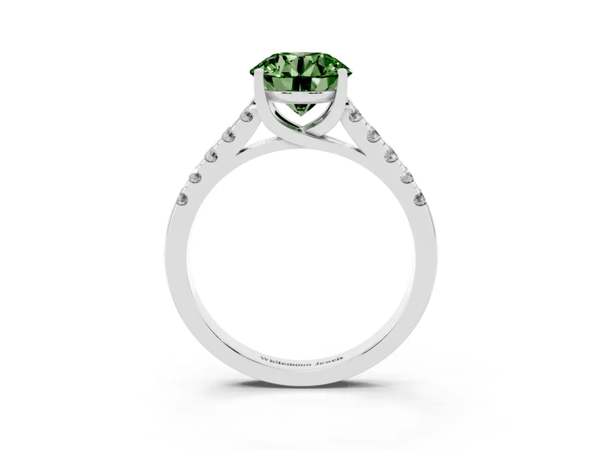 Fancy Green Round Cut Diamond Pavé Band Solitaire Ring with Prong Setting Platinum