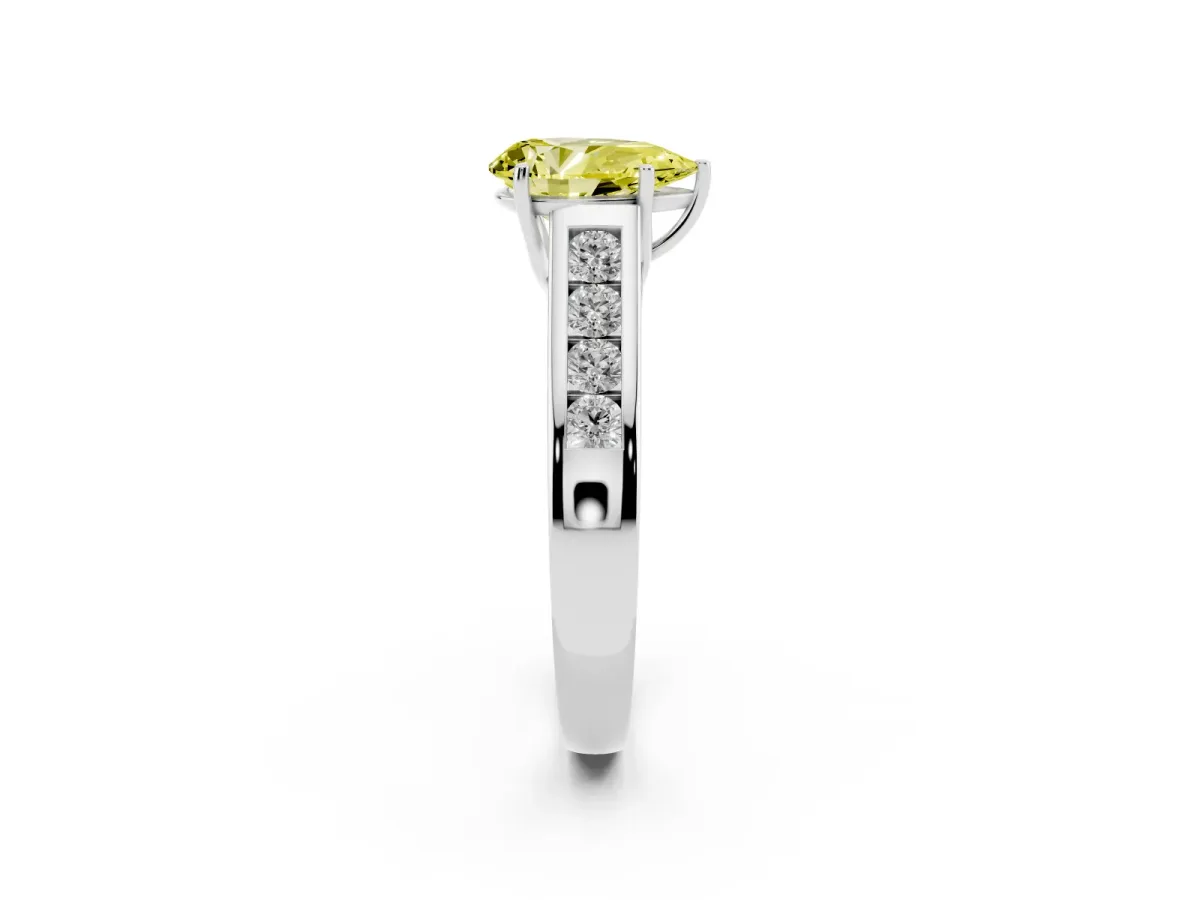 Fancy Yellow Pear Cut Brilliant Channel-Set Solitaire Ring with Four-Prong Setting Silver