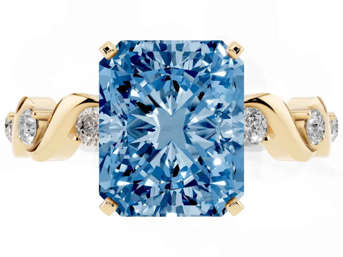 Fancy Blue Radiant Cut Diamond Solitaire Twisted Band with Round Accents and Prong Setting Yellow gold