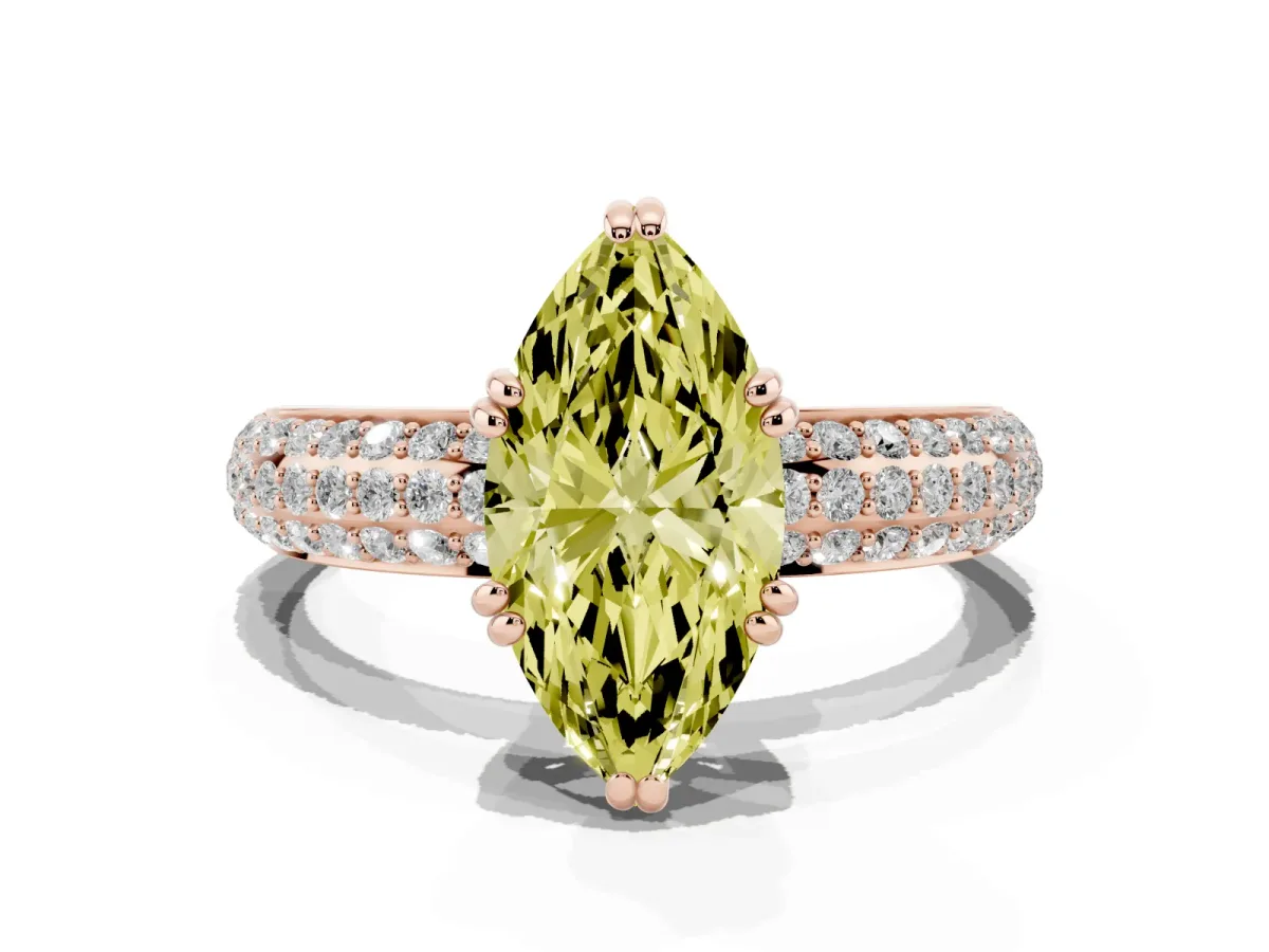 Fancy Yellow Marquise Cut Diamond Solitaire Ring with Multi-Row Round Pavé Band and Prong Setting Rose gold