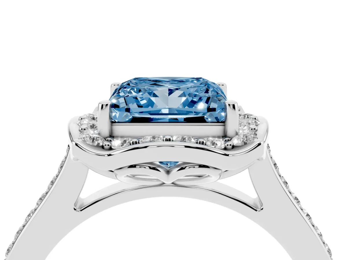 Fancy Blue Princess Cut Halo Round Diamond Pave Band with Four-Prong Setting Silver