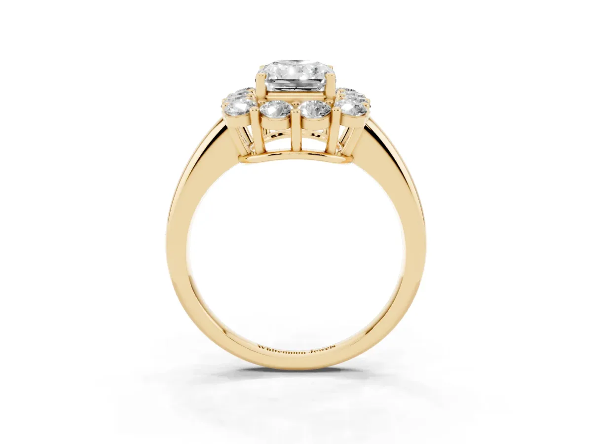 Radiant Cut Halo Cluster Diamond Engagement Ring with Prong Setting and Polished Band Yellow gold