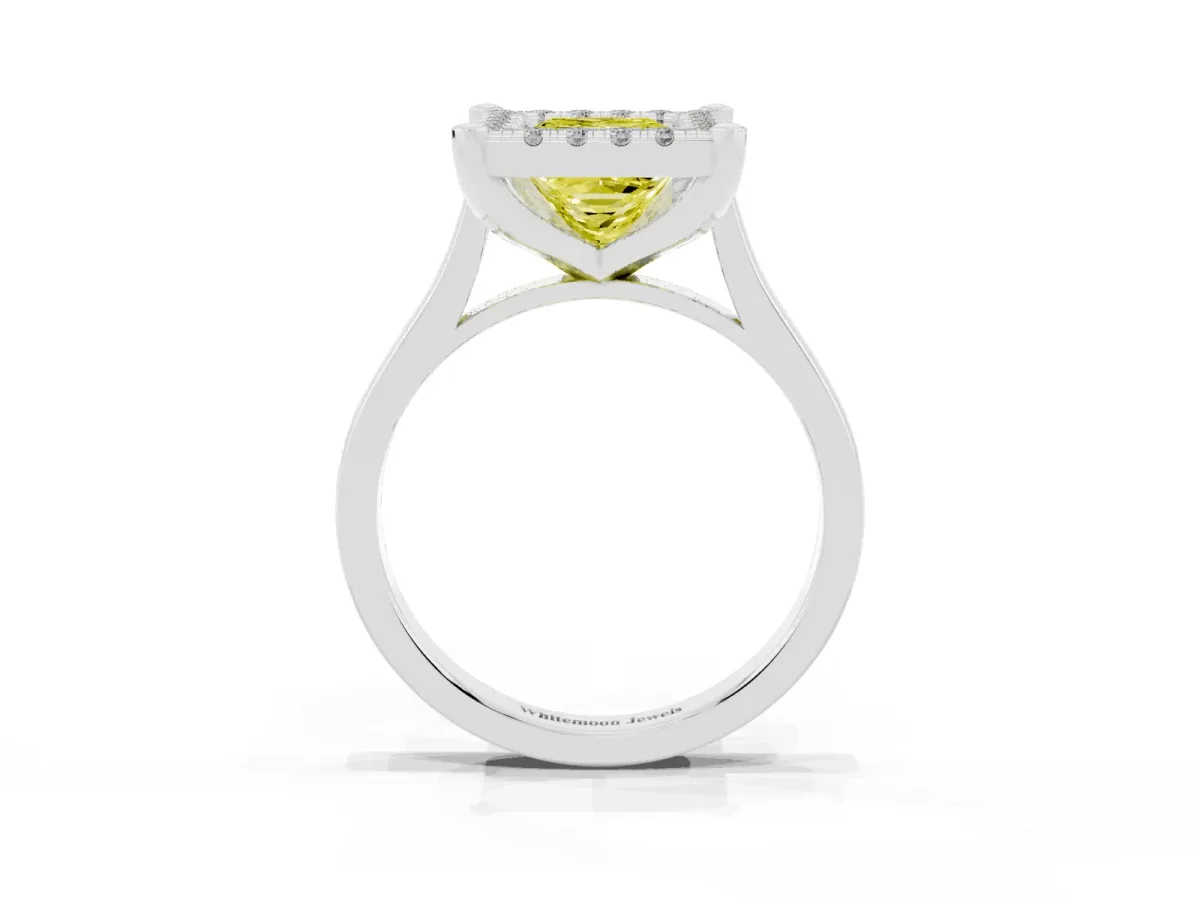 Fancy Yellow Princess Cut Diamond Cluster Halo Solitaire with Four-Prong Setting Silver
