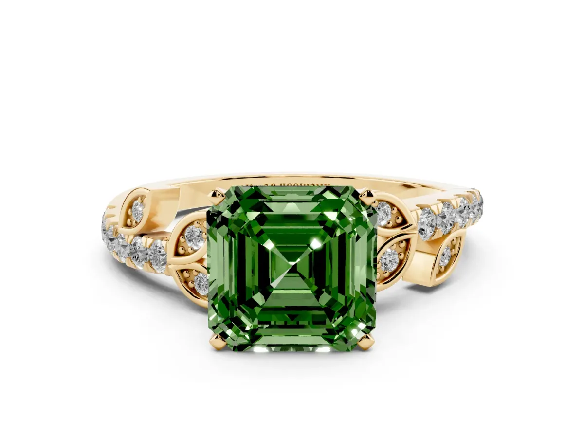 Fancy Green Asscher Cut Solitaire Leaf-Inspired Diamond Ring with Pavé Band and Four-Prong Setting Yellow gold