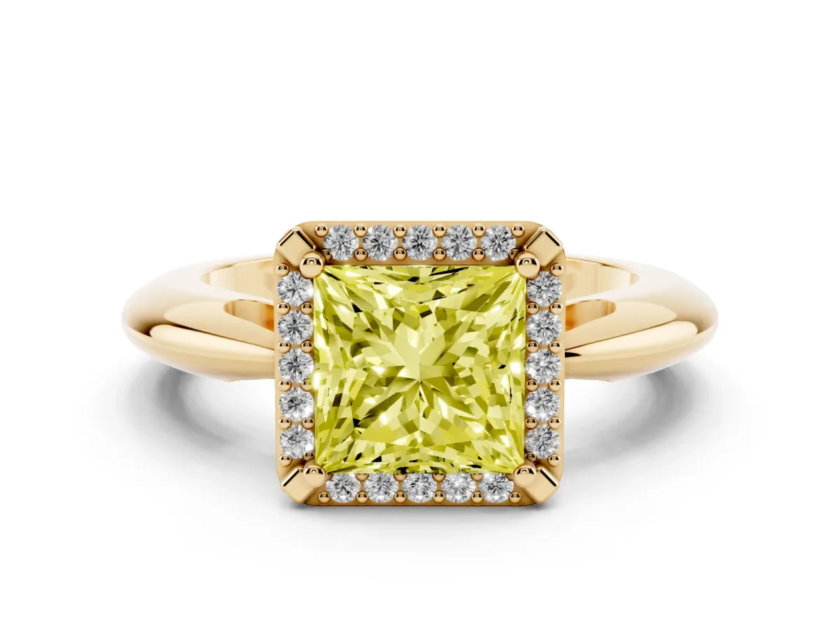Fancy Yellow Princess Cut Cut Diamond Halo Engagement Ring with Split Shank and Four-Prong Setting Yellow gold