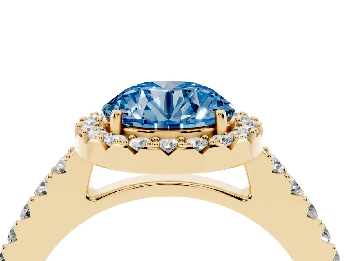 Fancy Blue Round Cut Halo Diamond Pavé Solitaire Ring Yellow gold