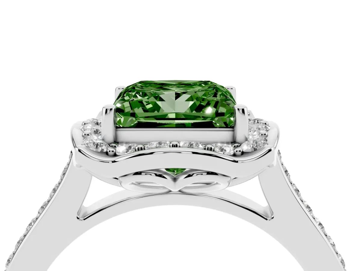 Fancy Green Princess Cut Halo Round Diamond Pave Band with Four-Prong Setting Silver