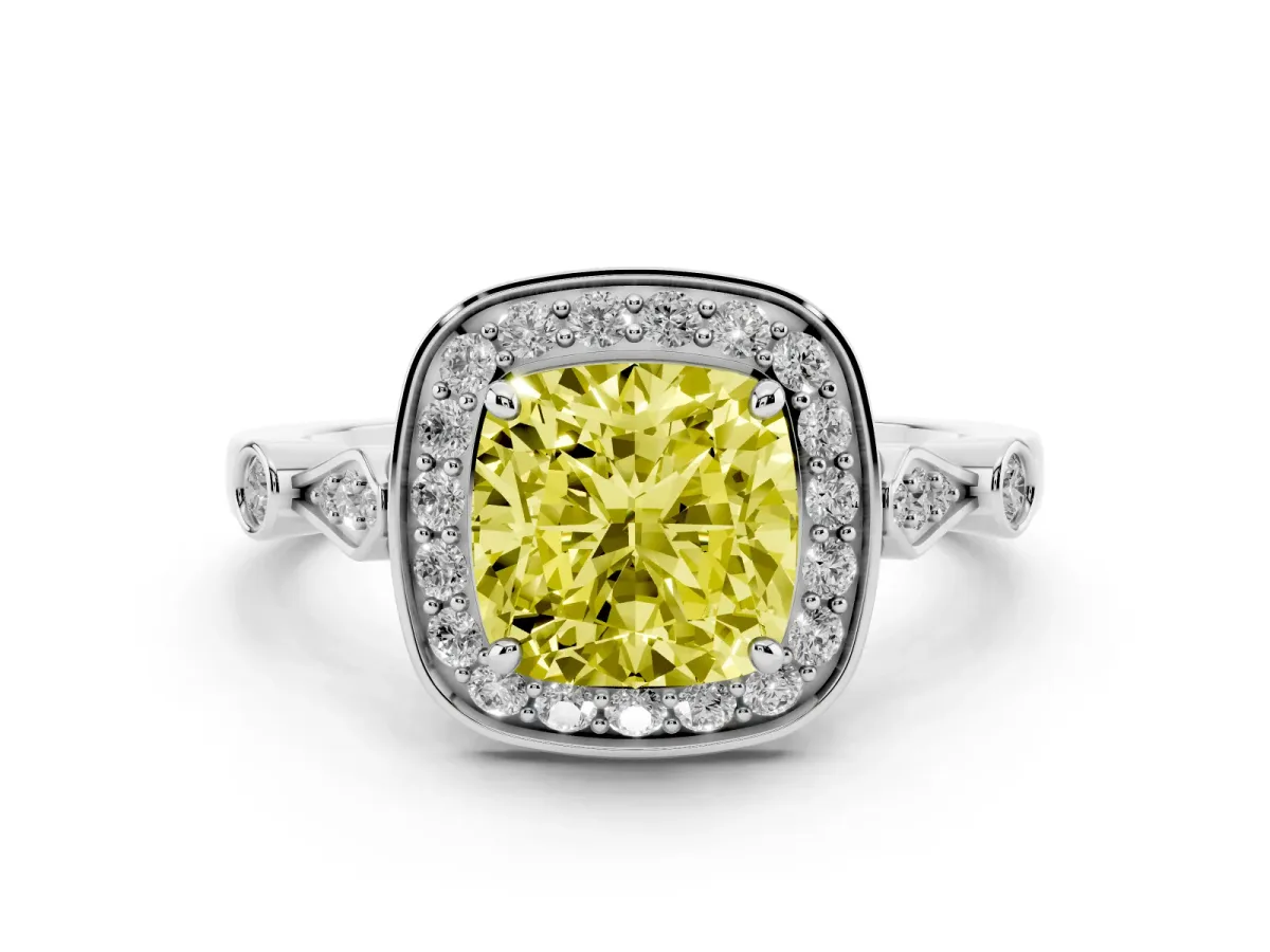 Fancy Yellow Cushion Cut Halo Diamond Engagement Ring with Twisted Band and Four-Prong Setting White gold