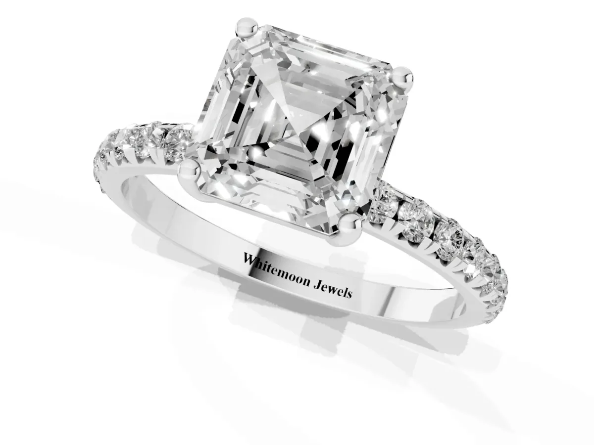 Asscher Cut Cut Diamond Solitaire Ring with Micro Pave Band and Four Prong Setting Silver