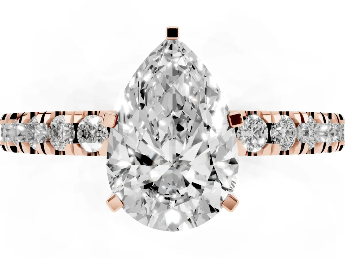 Pear Cut Solitaire Diamond with Pavé Band and Four-Prong Setting Rose gold