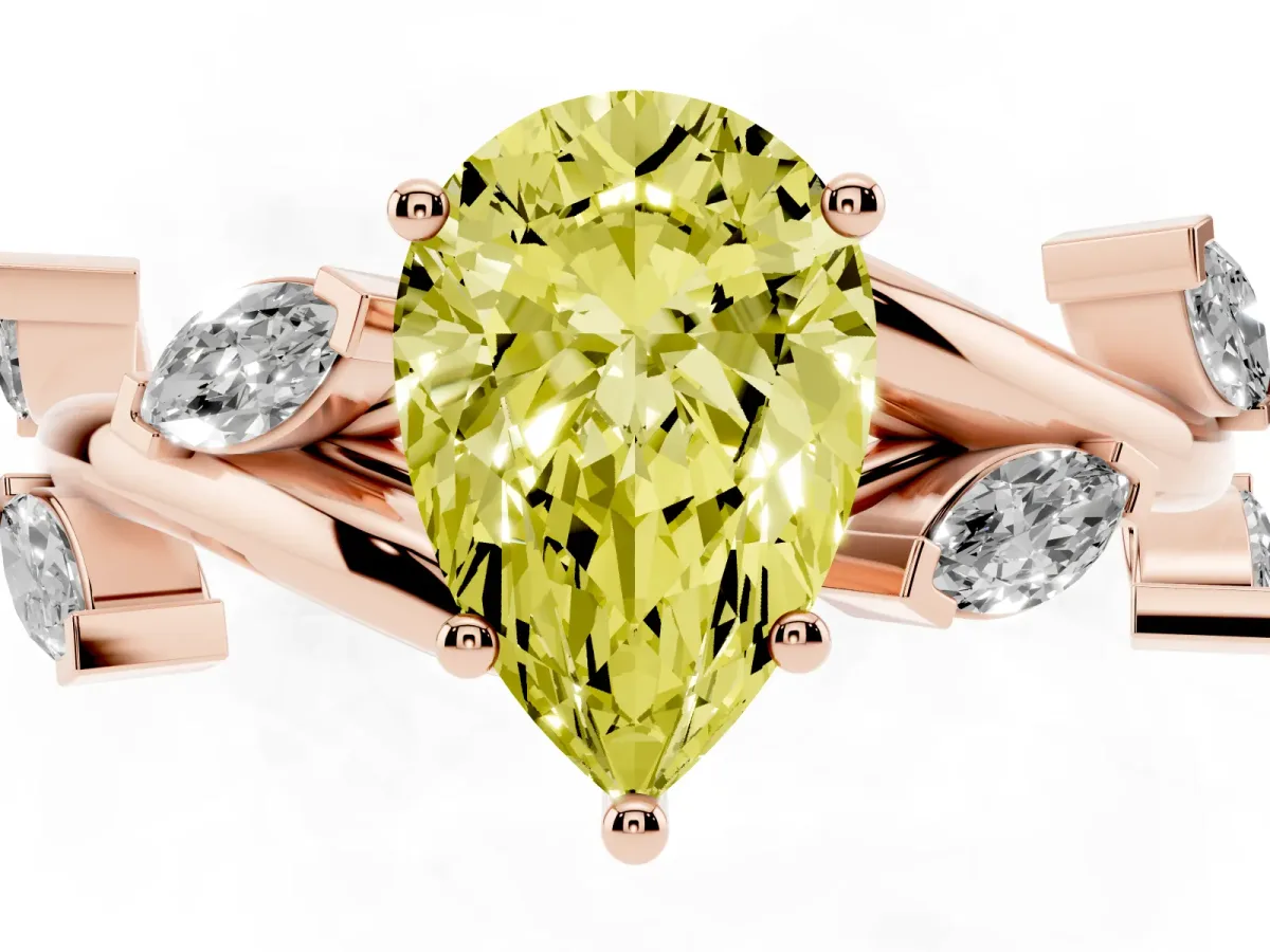 Fancy Yellow Pear Cut Solitaire Twisted Band Marquise Accent Prong Setting Ring Rose gold