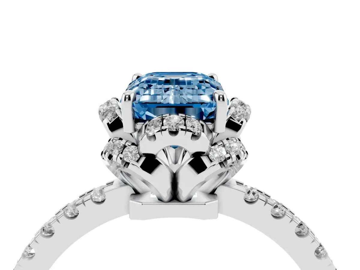 Fancy Blue Emerald Cut Halo Diamond Pave Band Ring with Four-Prong Setting Silver