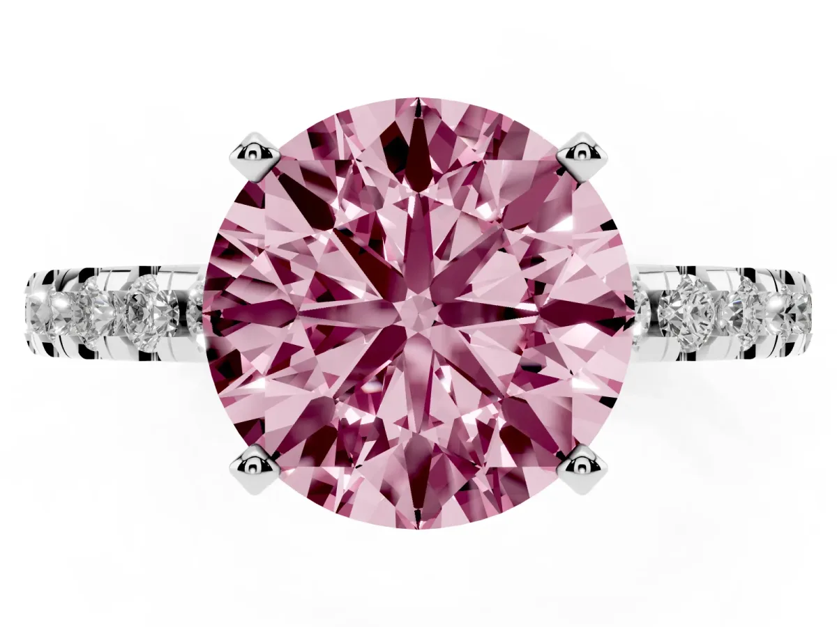 Fancy Pink Round Cut Diamond Solitaire Ring with Round Pavé Band and Four-Prong Setting Silver