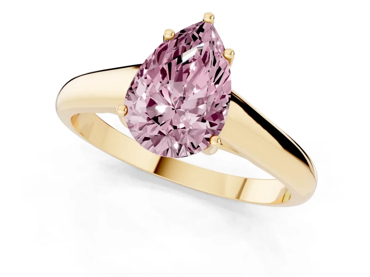 Fancy Pink Pear Cut Solitaire Engagement Ring with Tapered Band and Four-Prong Setting Yellow gold