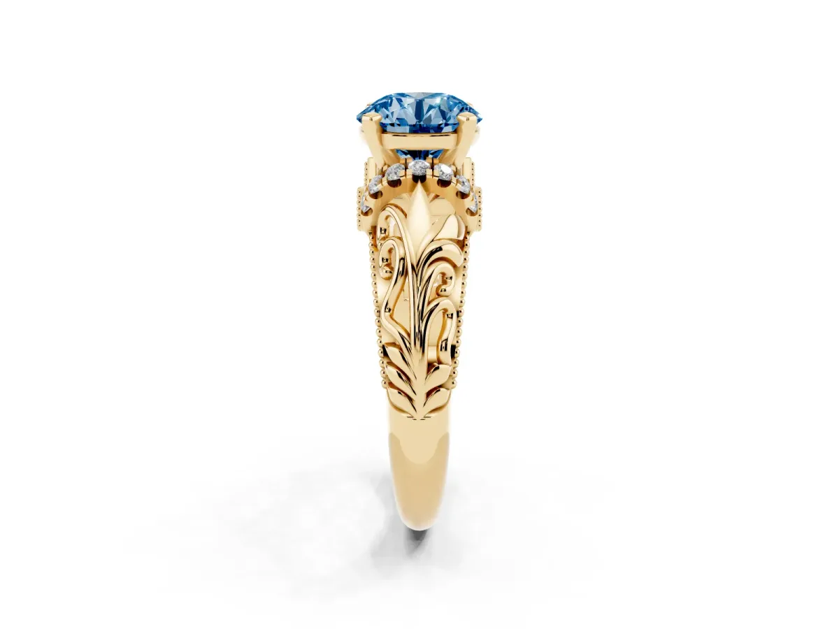 Fancy Blue Round Cut Solitaire Filigree Engagement Ring with Halo and Prong Setting Yellow gold