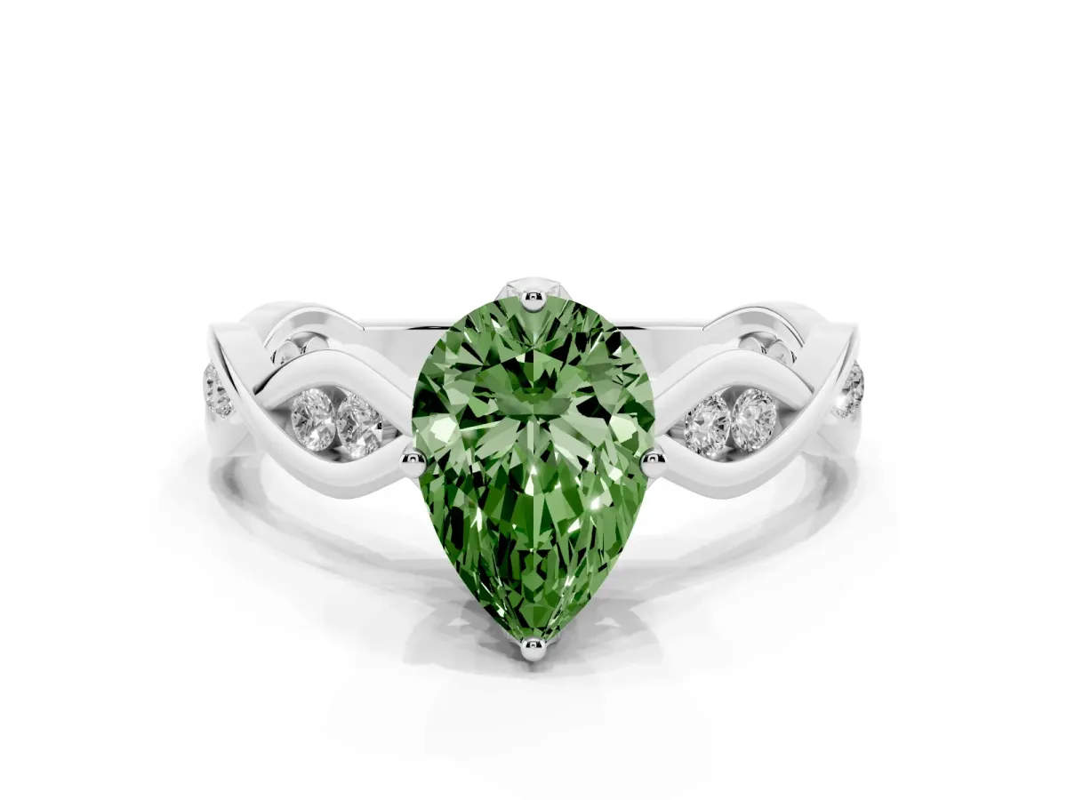Fancy Green Pear Cut Solitaire Twist Band with Leaf Prong Setting White gold