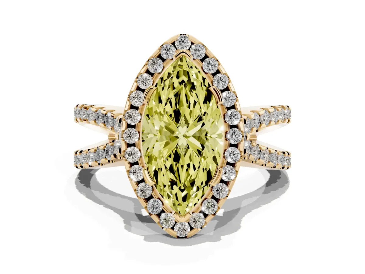 Fancy Yellow Marquise Cut Diamond Halo Ring with Split Shank Pavé Band and Prong Setting Yellow gold