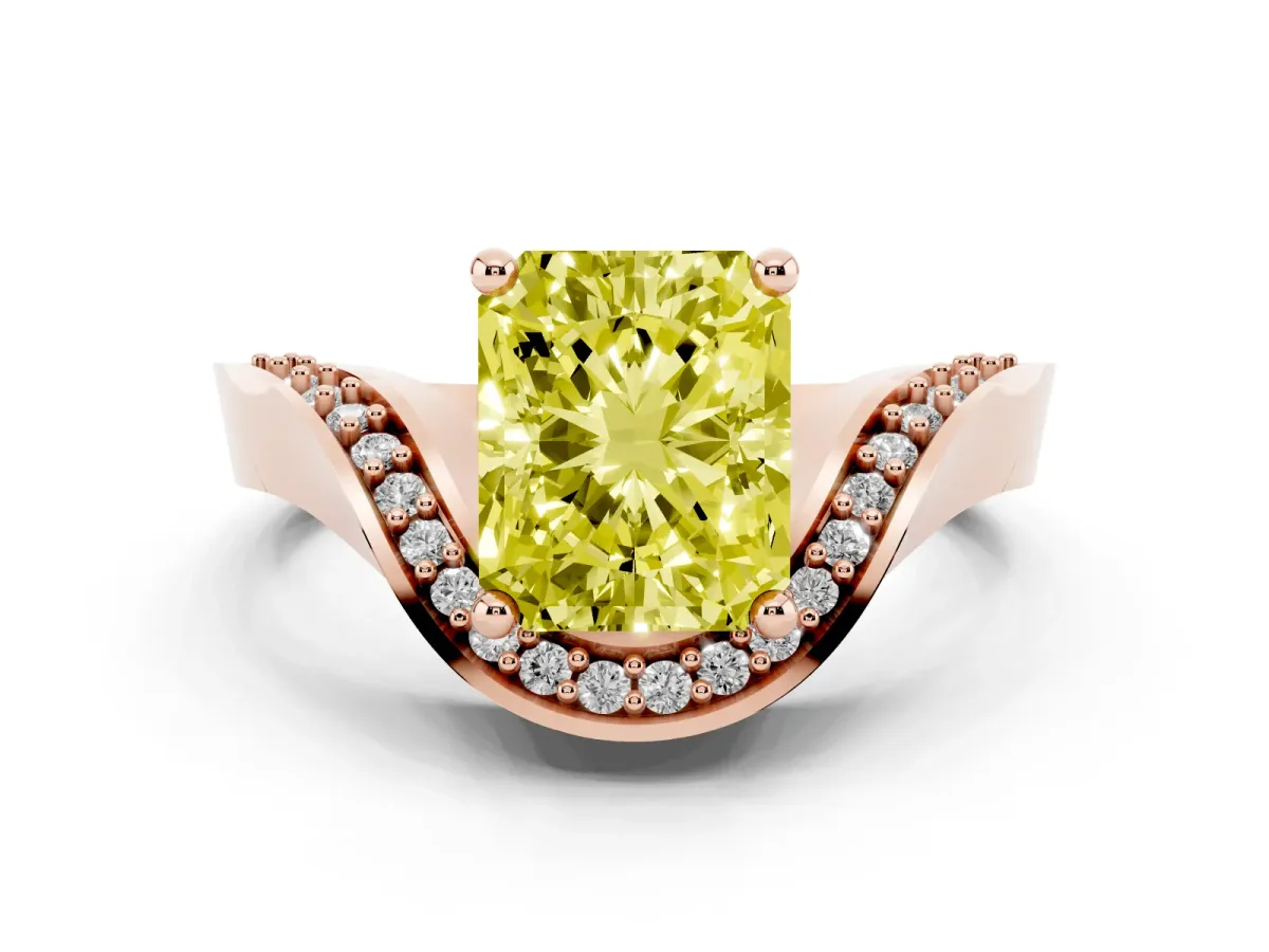 Fancy Yellow Radiant Cut Solitaire Diamond Engagement Ring with Pave Band and Four-Prong Setting Rose gold
