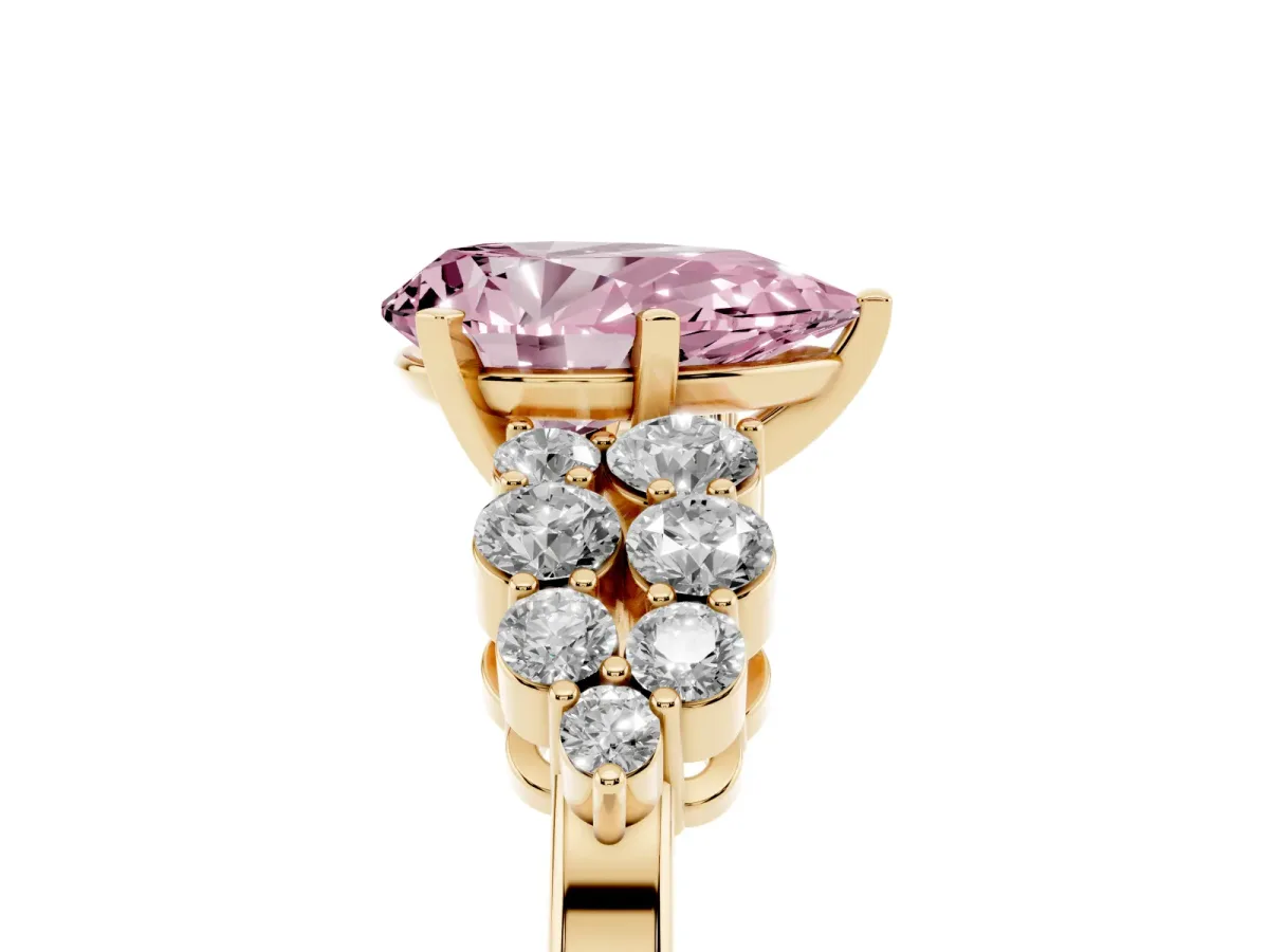 Fancy Pink Pear Cut Cluster Diamond Engagement Ring with Pavé Band and Four-Prong Setting Yellow gold
