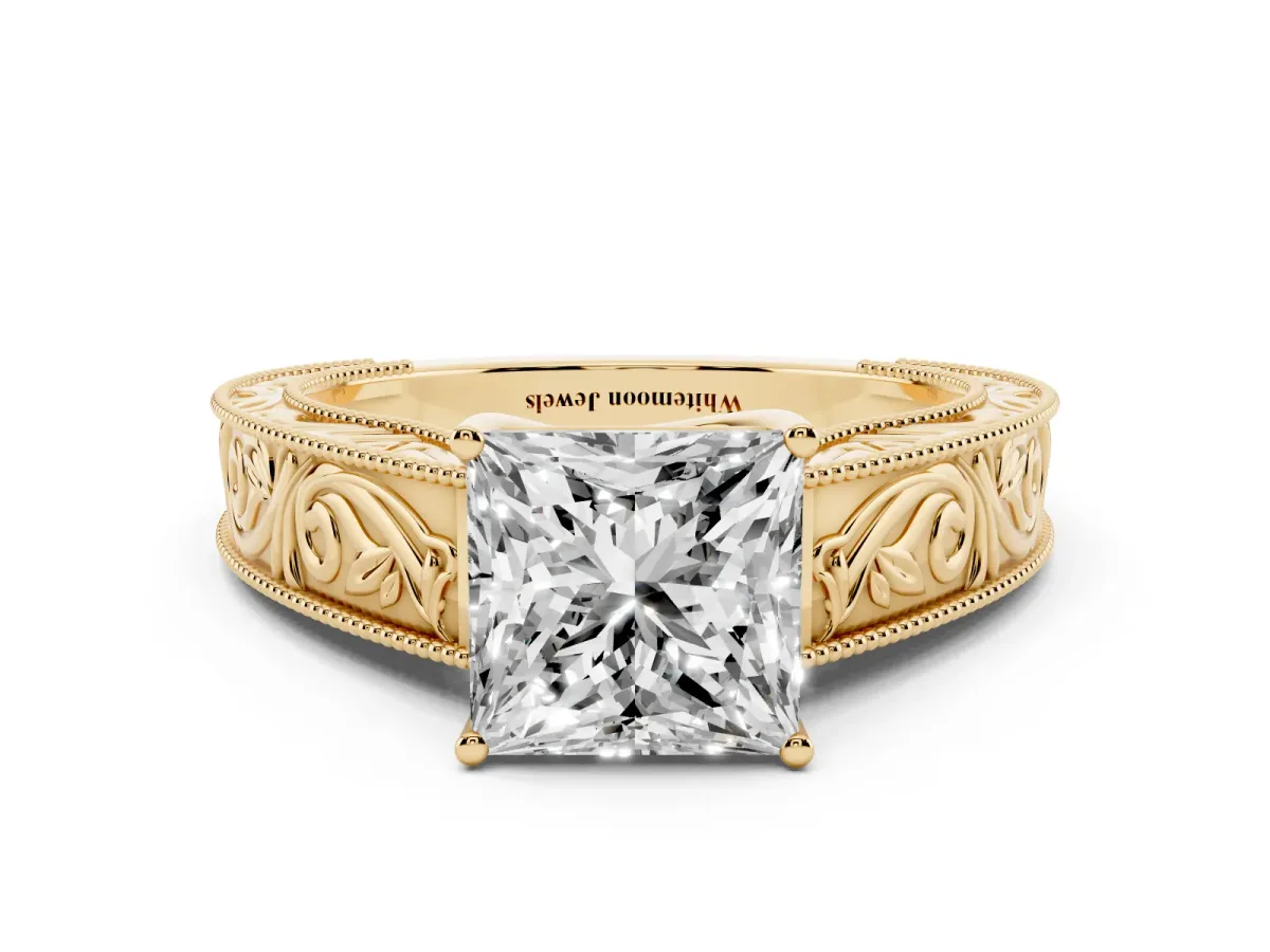 Princess Cut Diamond Solitaire Ring with Engraved Band and Four-Prong Setting Yellow gold