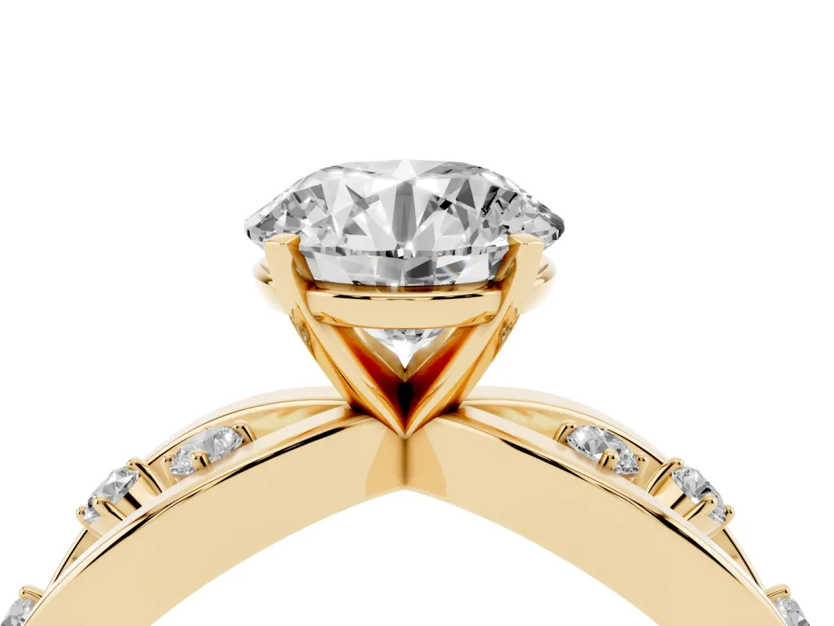 Round Cut Cut Solitaire Diamond with Side Stones on Criss-Cross Band and Four-Prong Setting Yellow gold