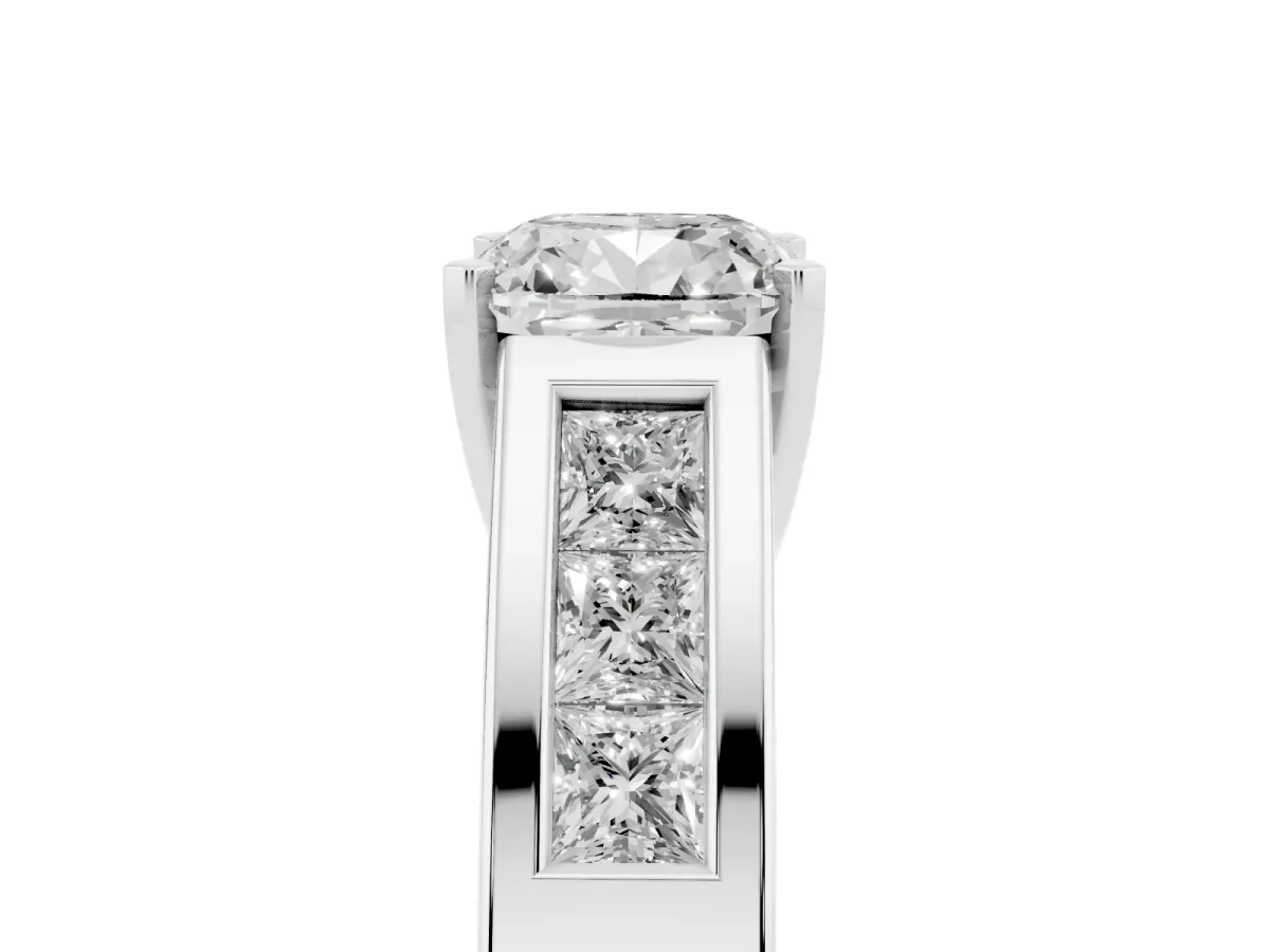 Cushion Cut Cut Channel Set Solitaire Ring with Four-Prong Setting Platinum