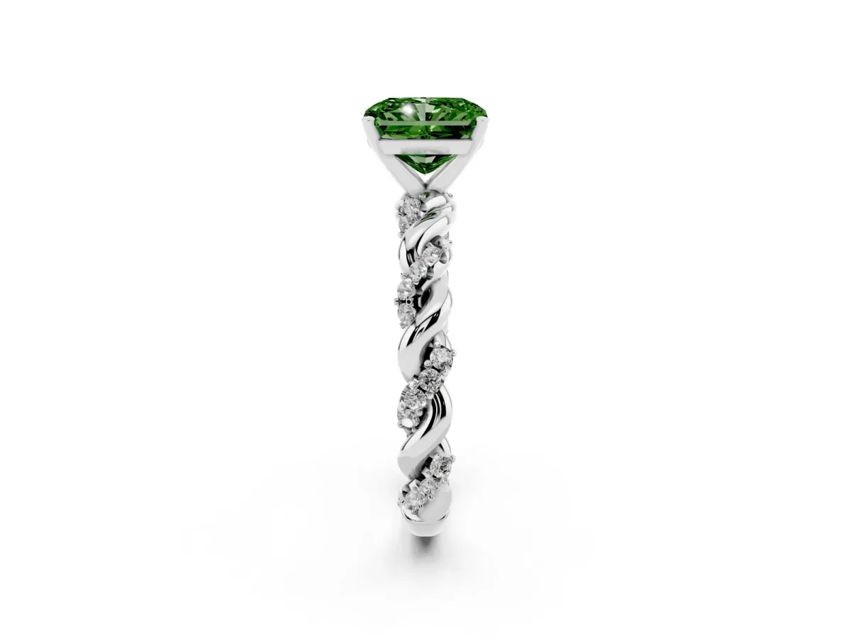 Fancy Green Radiant Cut Diamond Solitaire Ring with Twisted Band and Pavé Accents Silver