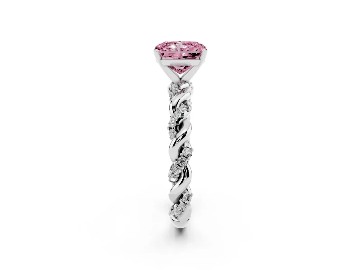 Fancy Pink Radiant Cut Diamond Solitaire Ring with Twisted Band and Pavé Accents Silver