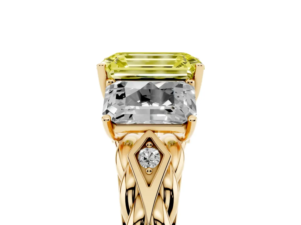 Fancy Yellow Three-Stone Emerald Cut Diamond Braided Band Ring with Four-Prong Setting Yellow gold