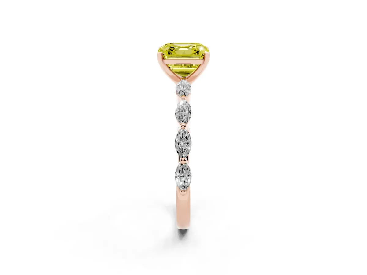 Fancy Yellow Asscher Cut Diamond Ring with Marquise Side Stones and Prong Setting Rose gold