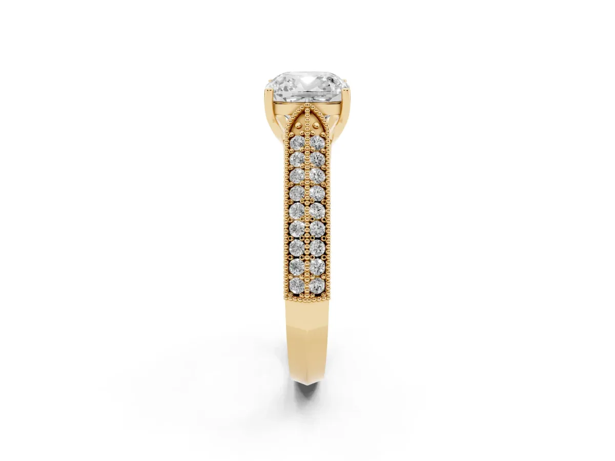 Cushion Cut Cut Pave Split Shank Engagement Ring with Four-Prong Setting Yellow gold