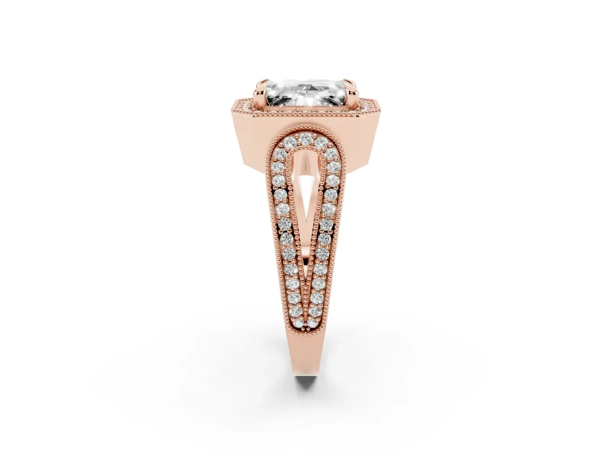 Emerald Cut Halo Split Shank Milgrain Diamond Ring Rose gold